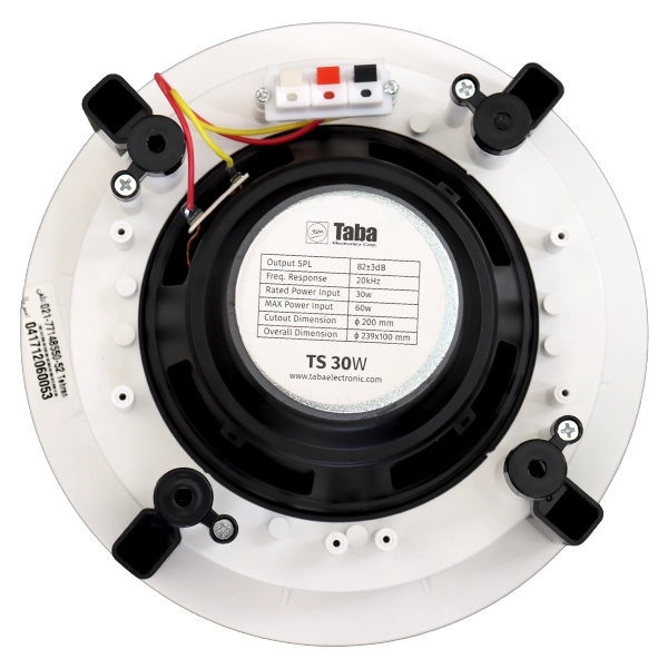 Taba-ceiling-speaker-30w-2 تصویری که قسمت پشتی و مشخصات فنی اسپیکر 30 وات تابا را نشان می دهد.